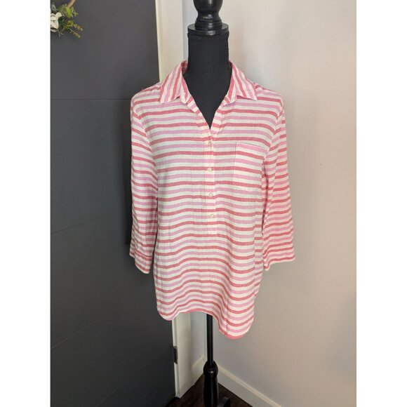GAP Tops - Gap Pink and White Striped Linen Cotton Blend Popover Top w/ Roll Tab Sleeves: S